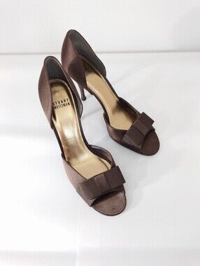 Stuart Weitzman Brown Satin Bow Heels Size 7.5 Vintage Cocktail Pumps